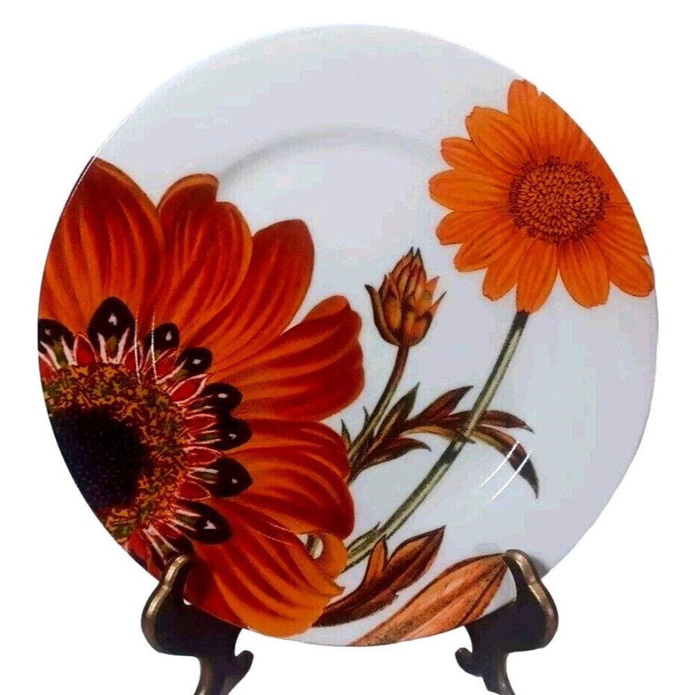 4 Crate & Barrel African Gerbera Daisy Passion Sunflower Flower 8" Plates w/ Tag